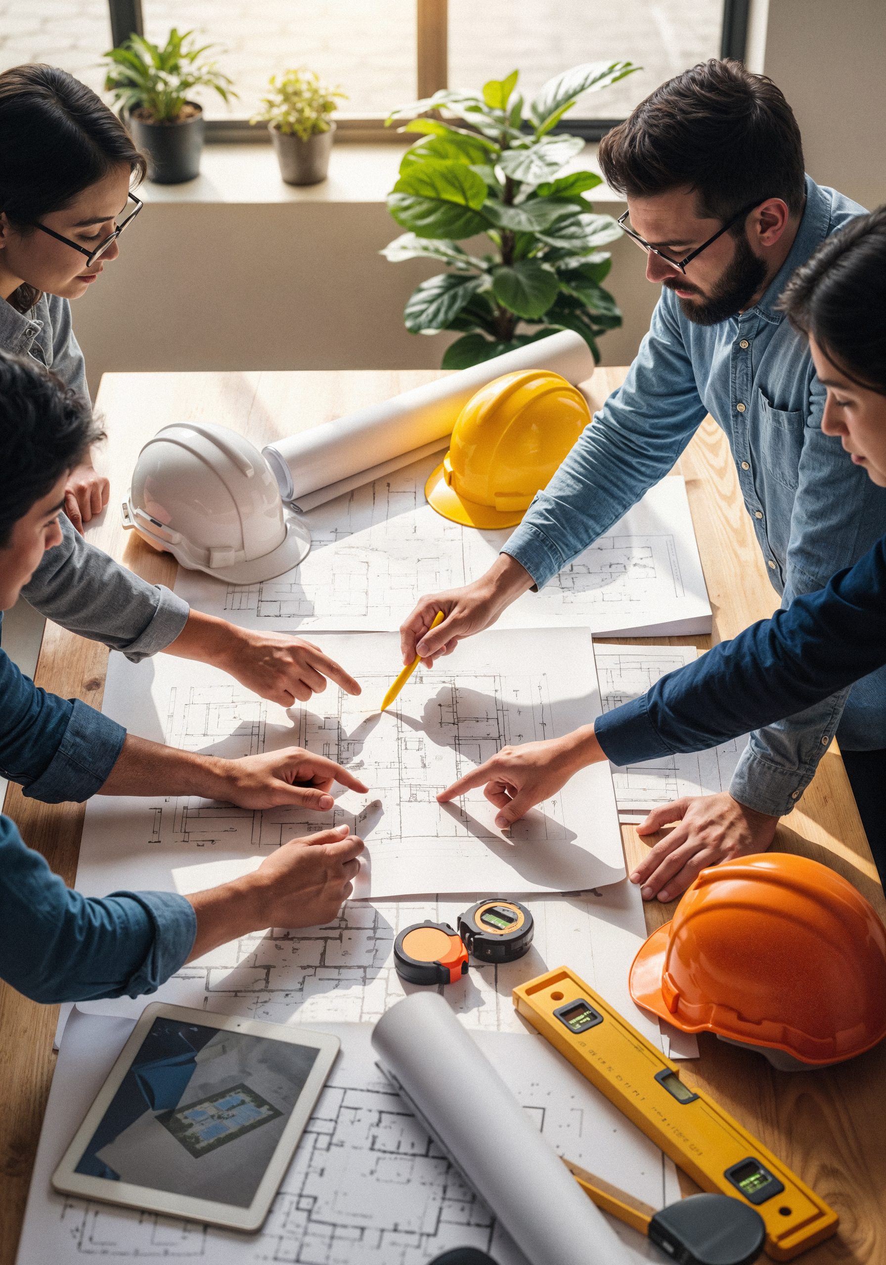 architects engineers team analyzing blueprints