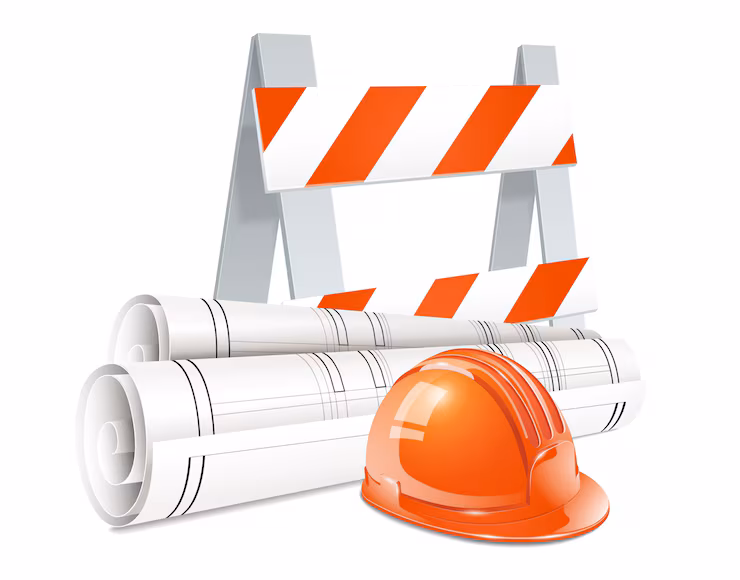 construction concept set road barrier orange helmet roll engineering drawings realistic elements 1284 28791